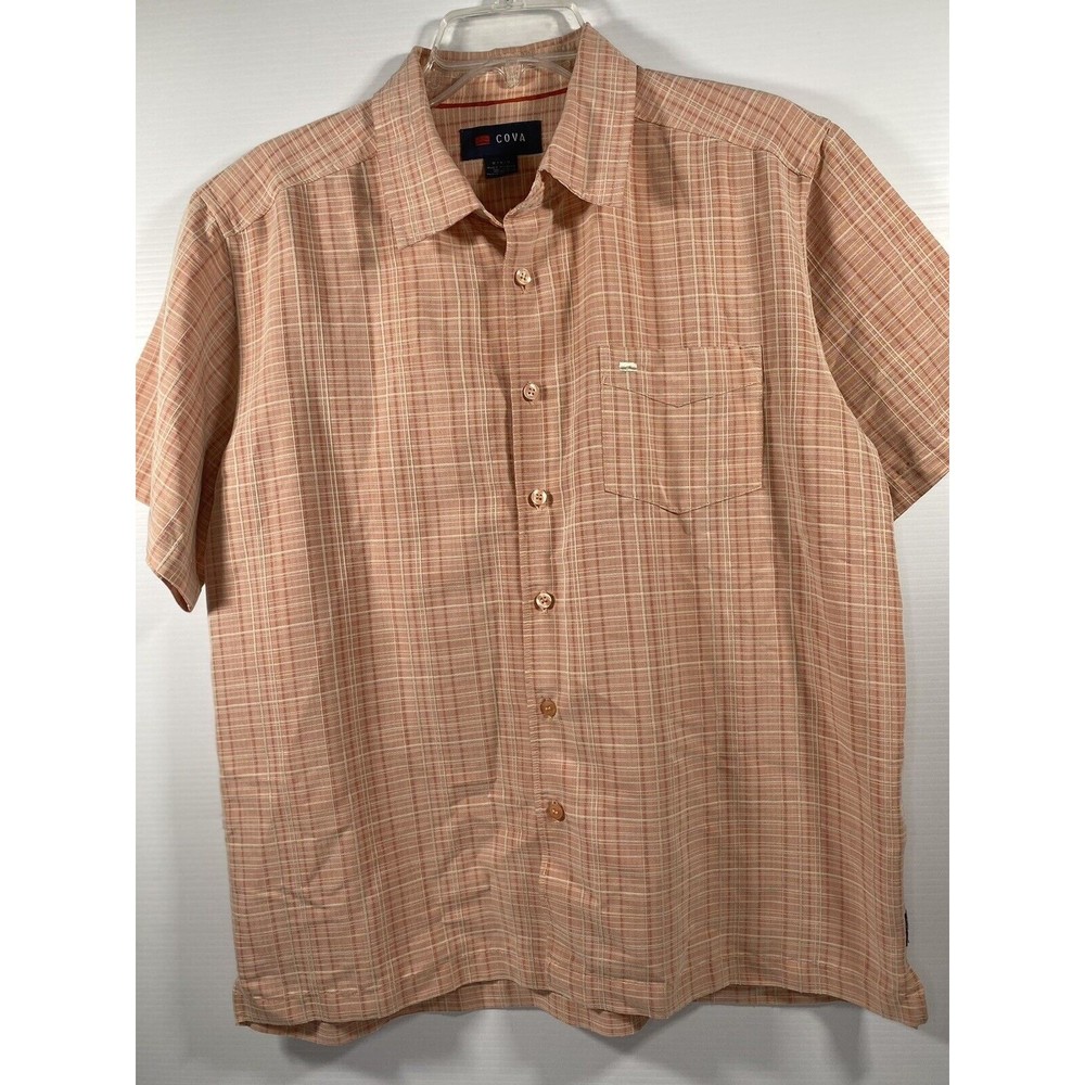 Cova Mens Medium Peach Plaid Short Sleeve Button Down Dress Shirt